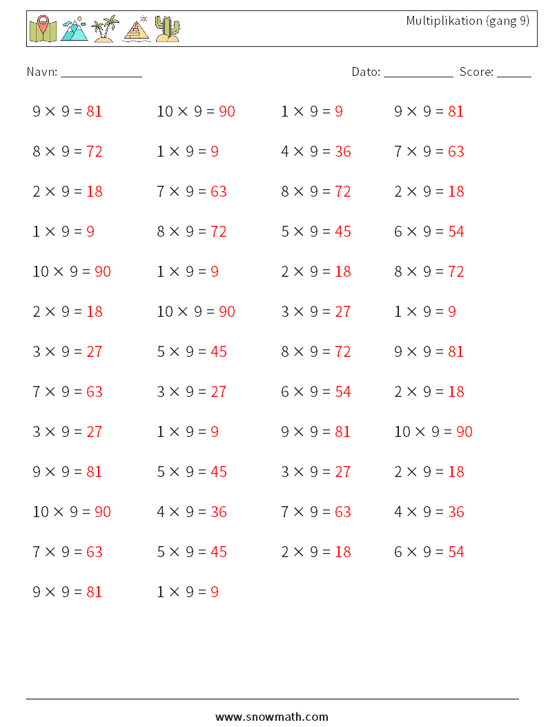 (50) Multiplikation (gang 9) Matematiske regneark 5 Spørgsmål, svar