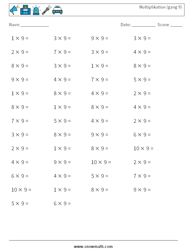 (50) Multiplikation (gang 9) Matematiske regneark 6