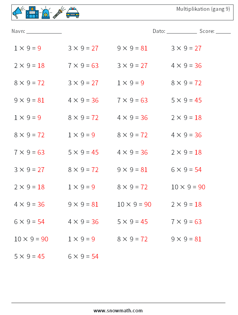 (50) Multiplikation (gang 9) Matematiske regneark 6 Spørgsmål, svar