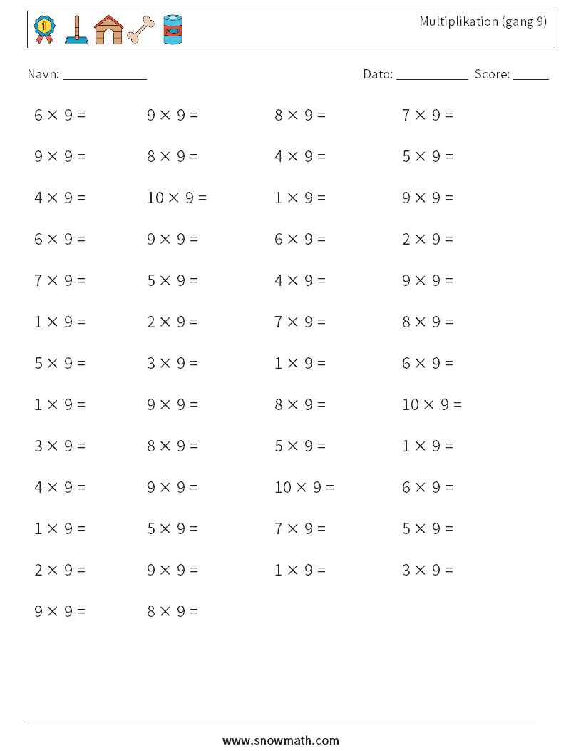 (50) Multiplikation (gang 9) Matematiske regneark 7