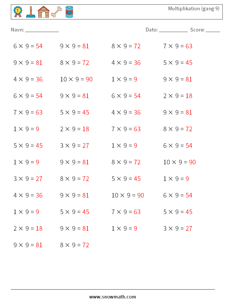 (50) Multiplikation (gang 9) Matematiske regneark 7 Spørgsmål, svar