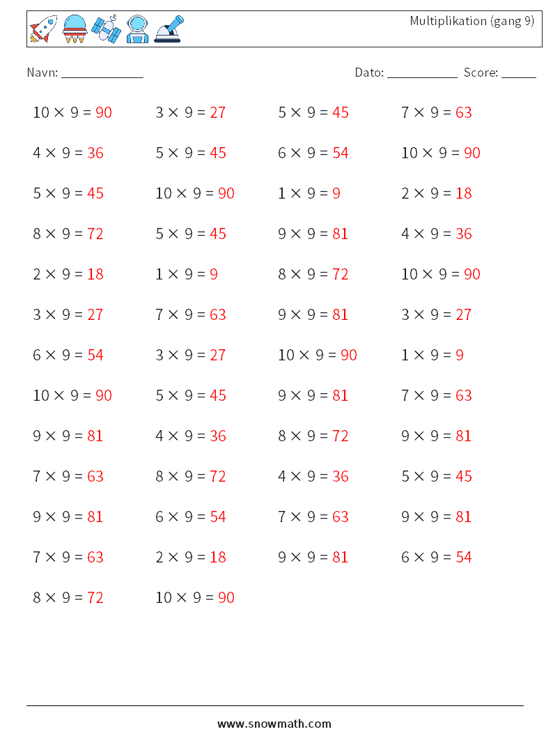 (50) Multiplikation (gang 9) Matematiske regneark 8 Spørgsmål, svar