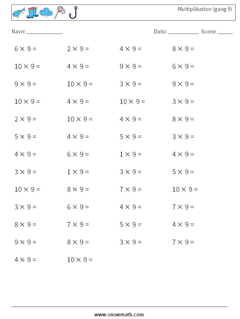 (50) Multiplikation (gang 9) Matematiske regneark 9