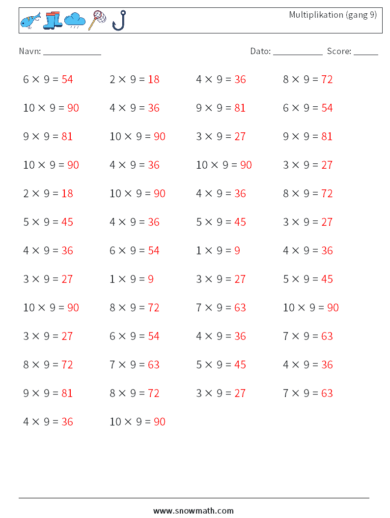 (50) Multiplikation (gang 9) Matematiske regneark 9 Spørgsmål, svar