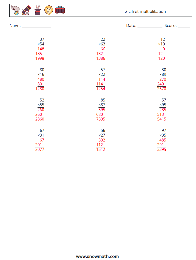 (12) 2-cifret multiplikation Matematiske regneark 10 Spørgsmål, svar