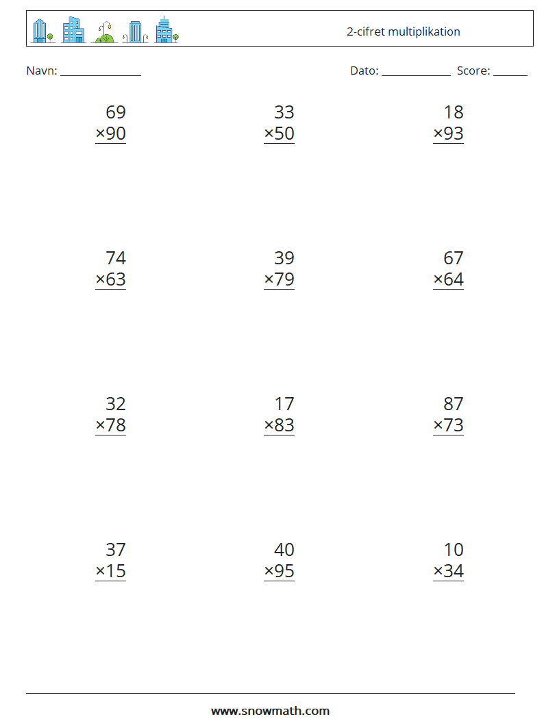 (12) 2-cifret multiplikation Matematiske regneark 11