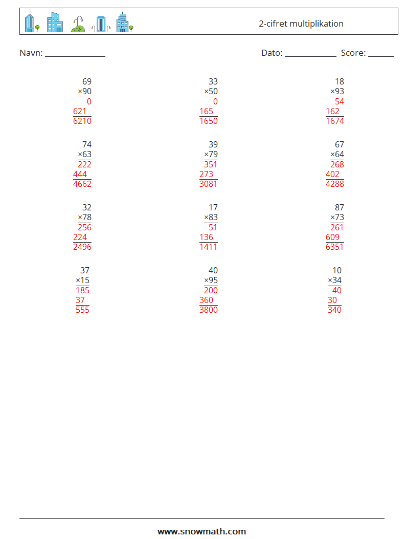 (12) 2-cifret multiplikation Matematiske regneark 11 Spørgsmål, svar