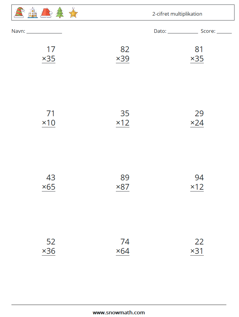 (12) 2-cifret multiplikation Matematiske regneark 12