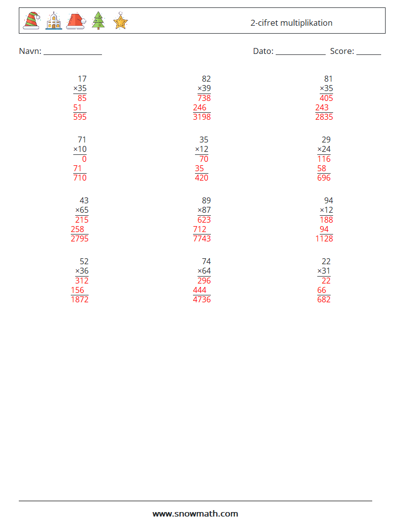 (12) 2-cifret multiplikation Matematiske regneark 12 Spørgsmål, svar