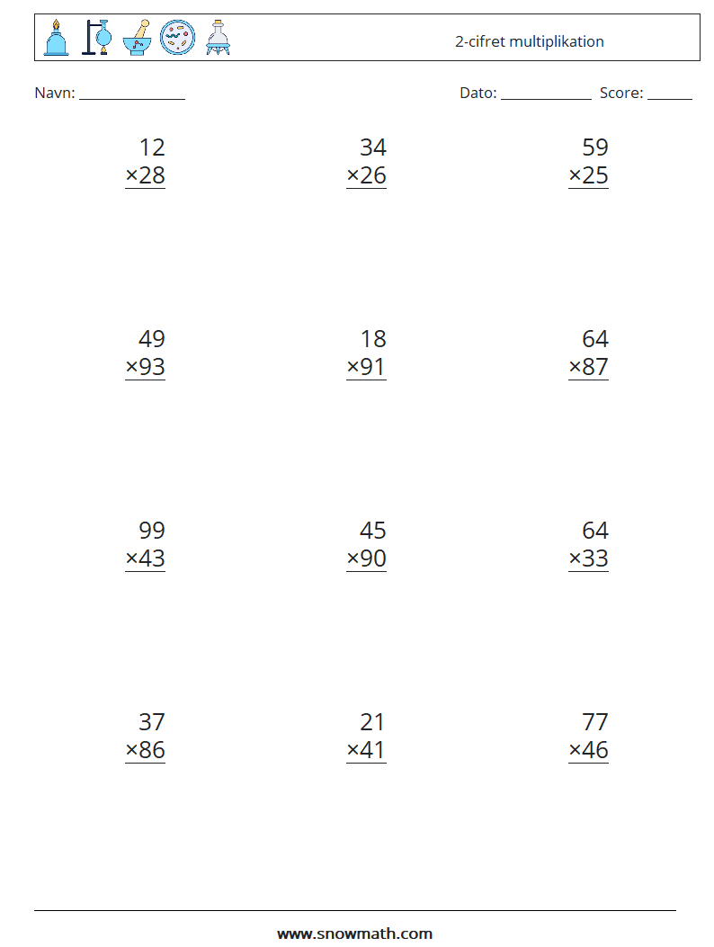 (12) 2-cifret multiplikation Matematiske regneark 13