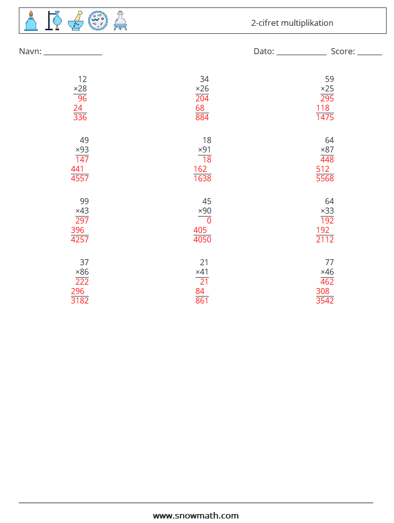 (12) 2-cifret multiplikation Matematiske regneark 13 Spørgsmål, svar