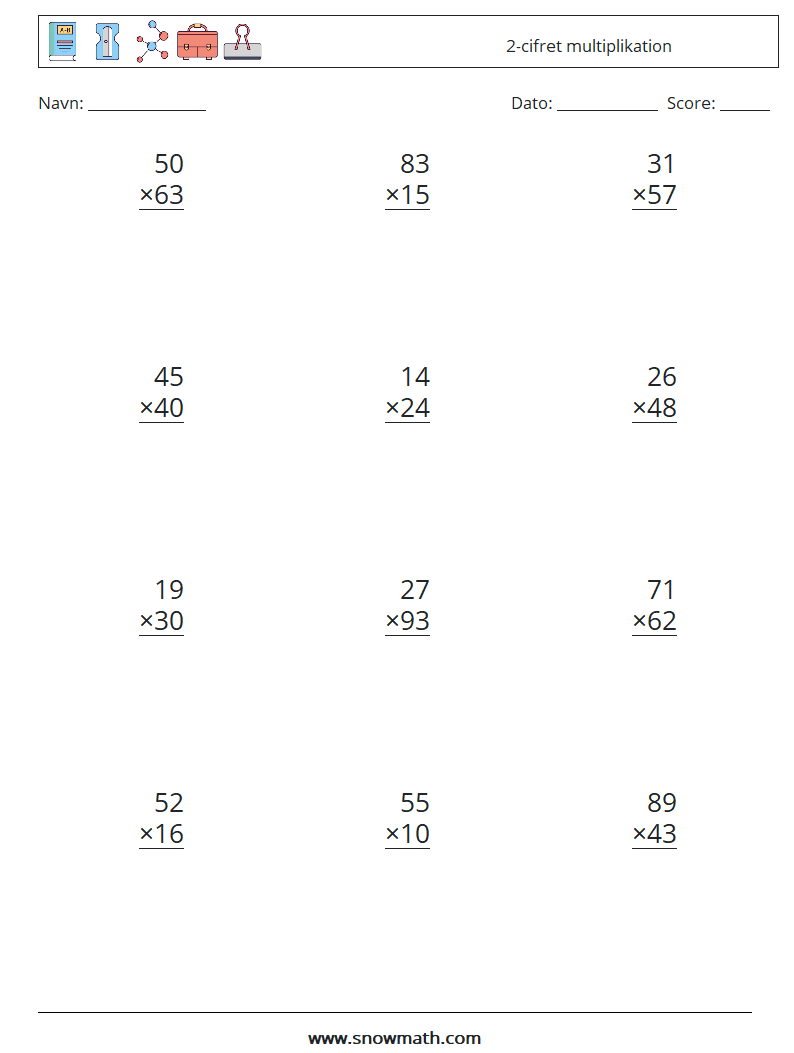 (12) 2-cifret multiplikation Matematiske regneark 14