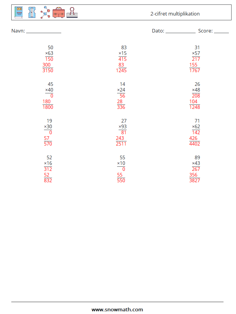 (12) 2-cifret multiplikation Matematiske regneark 14 Spørgsmål, svar