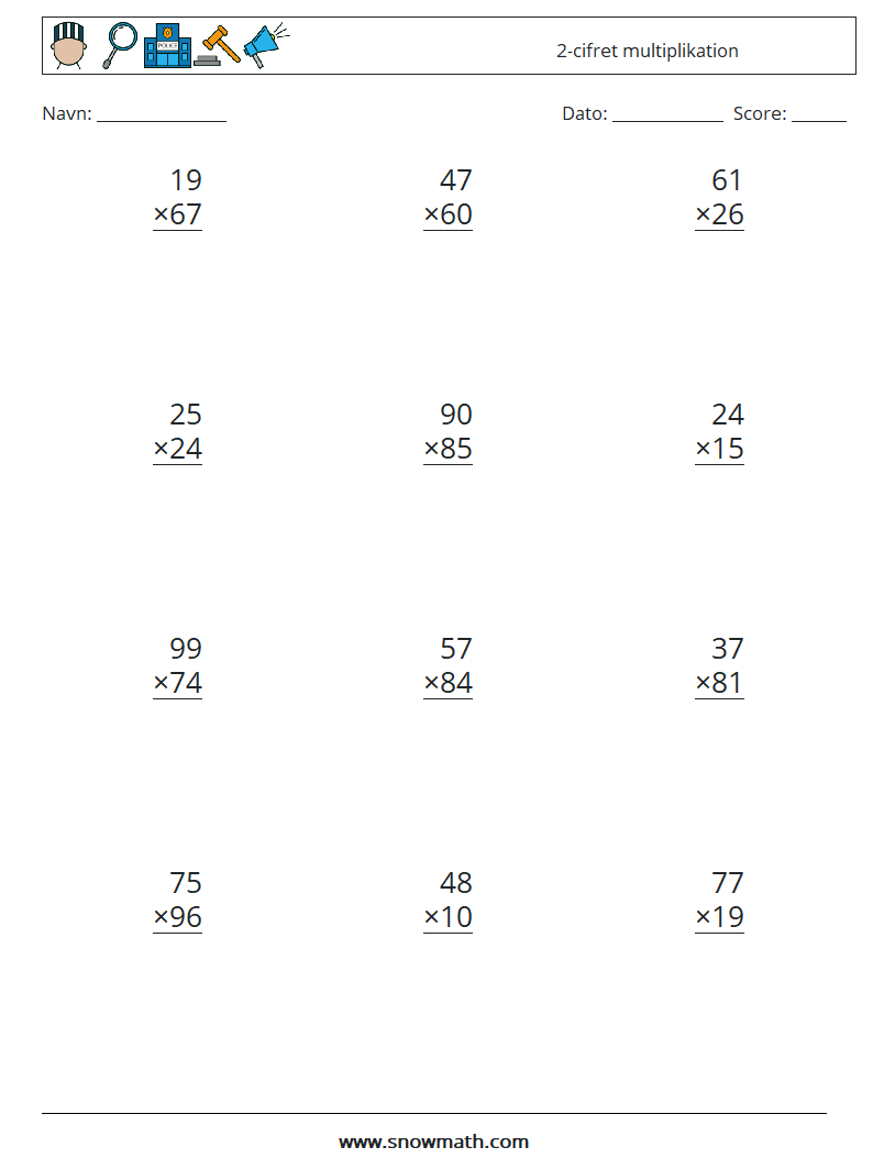 (12) 2-cifret multiplikation Matematiske regneark 15