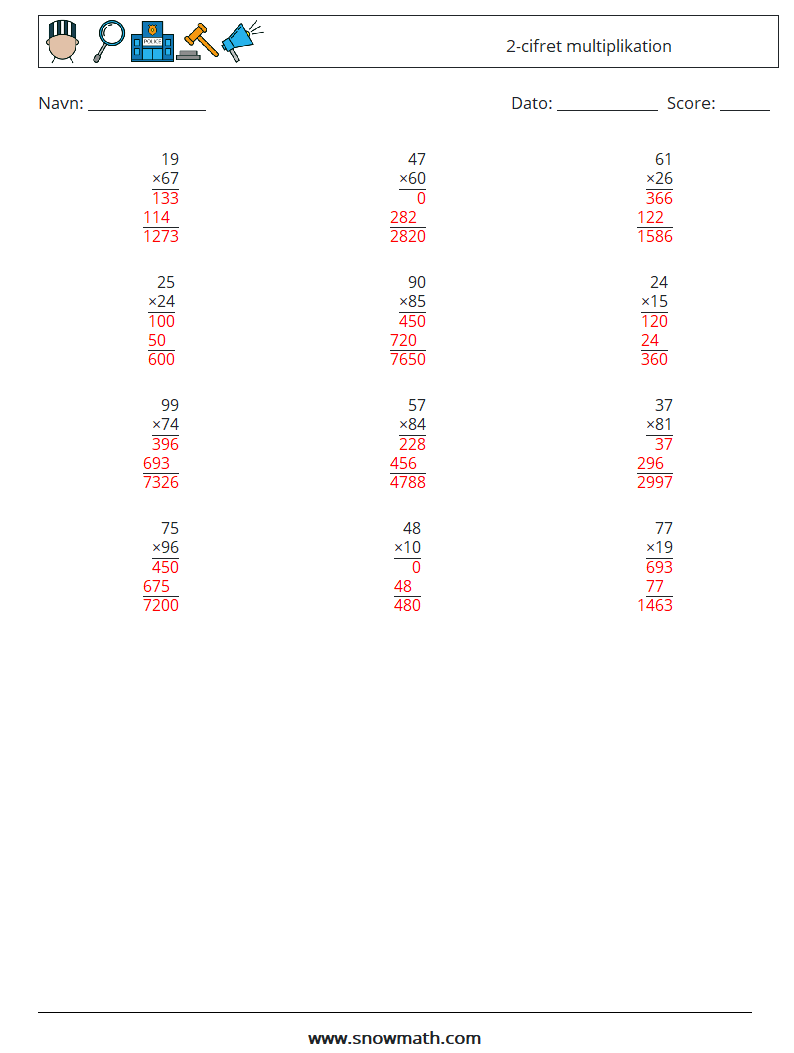(12) 2-cifret multiplikation Matematiske regneark 15 Spørgsmål, svar
