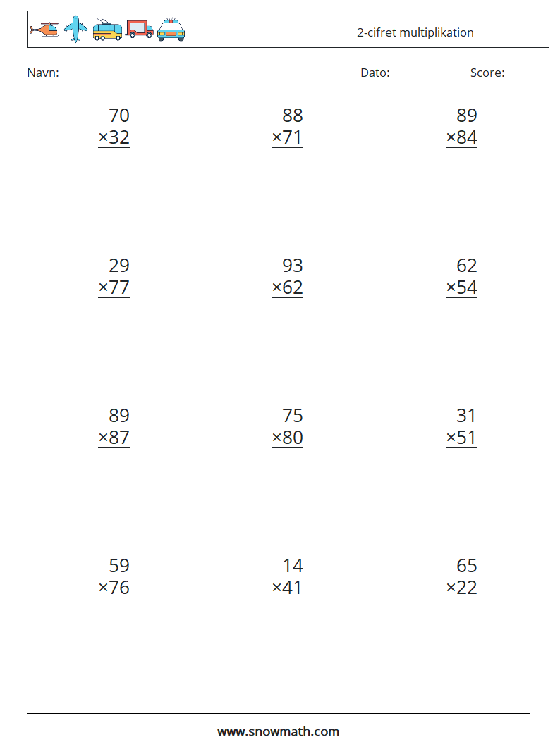 (12) 2-cifret multiplikation Matematiske regneark 16
