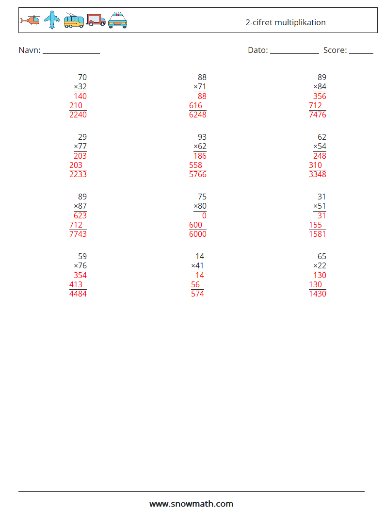 (12) 2-cifret multiplikation Matematiske regneark 16 Spørgsmål, svar