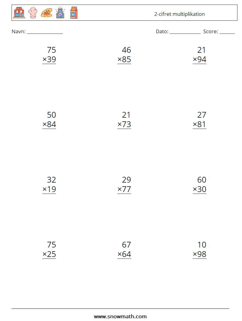 (12) 2-cifret multiplikation Matematiske regneark 17