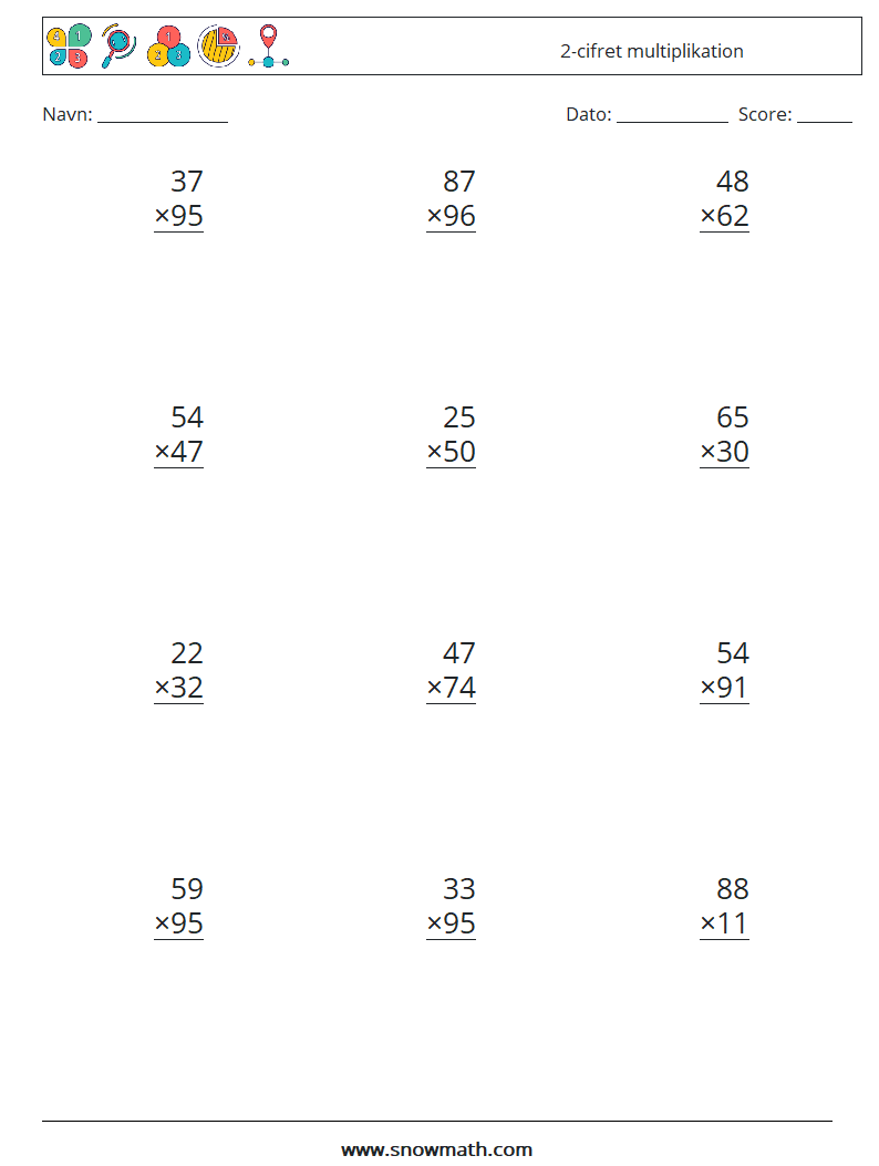 (12) 2-cifret multiplikation Matematiske regneark 18