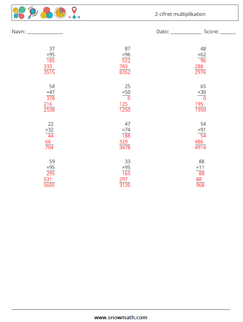 (12) 2-cifret multiplikation Matematiske regneark 18 Spørgsmål, svar