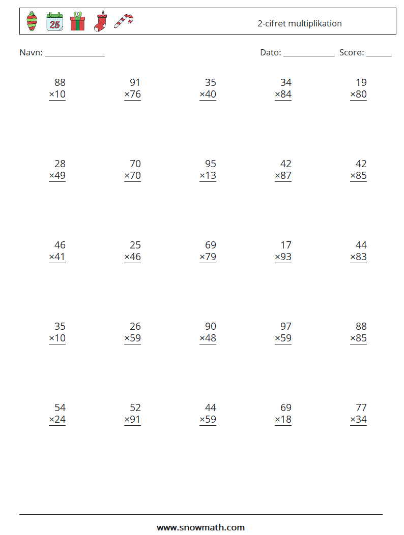 (25) 2-cifret multiplikation Matematiske regneark 10