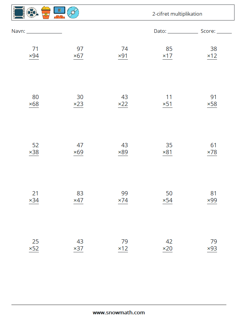 (25) 2-cifret multiplikation Matematiske regneark 11