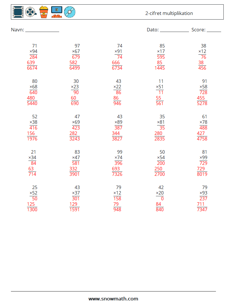 (25) 2-cifret multiplikation Matematiske regneark 11 Spørgsmål, svar