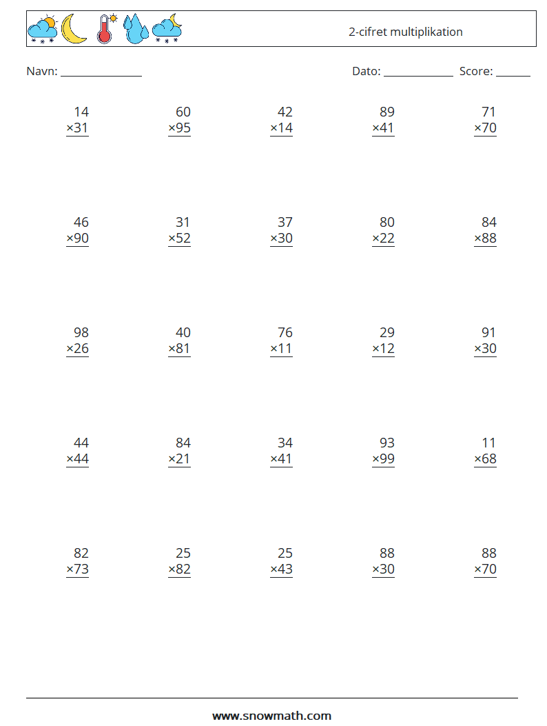 (25) 2-cifret multiplikation Matematiske regneark 13