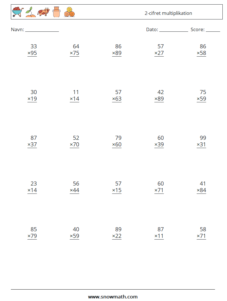 (25) 2-cifret multiplikation Matematiske regneark 14