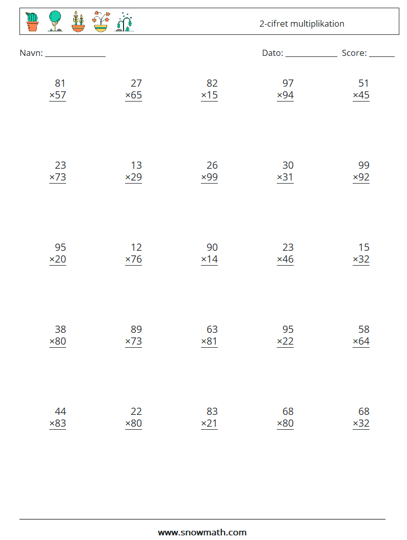(25) 2-cifret multiplikation Matematiske regneark 16