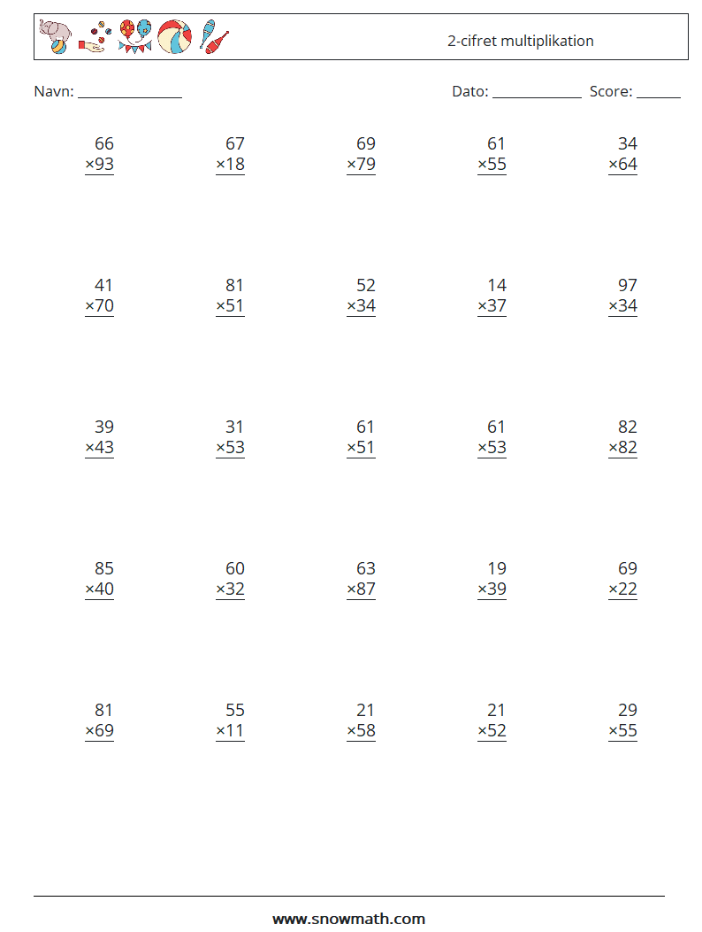 (25) 2-cifret multiplikation Matematiske regneark 17