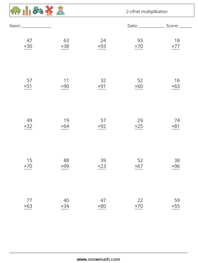 (25) 2-cifret multiplikation Matematiske regneark 18
