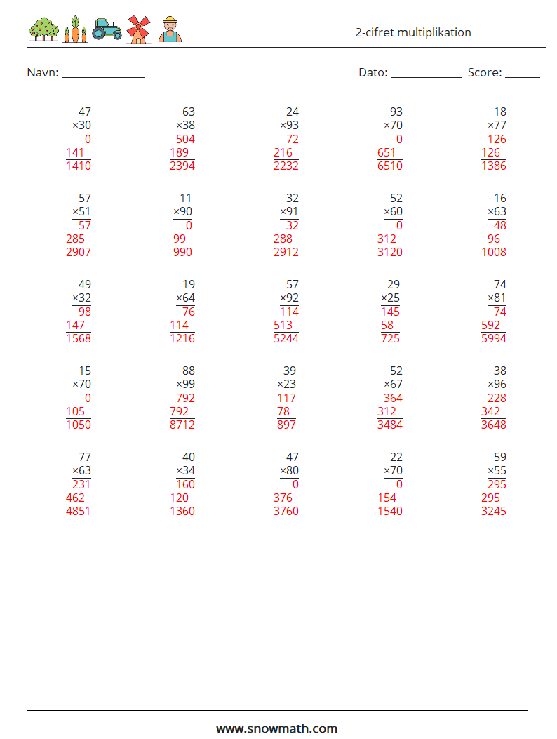 (25) 2-cifret multiplikation Matematiske regneark 18 Spørgsmål, svar