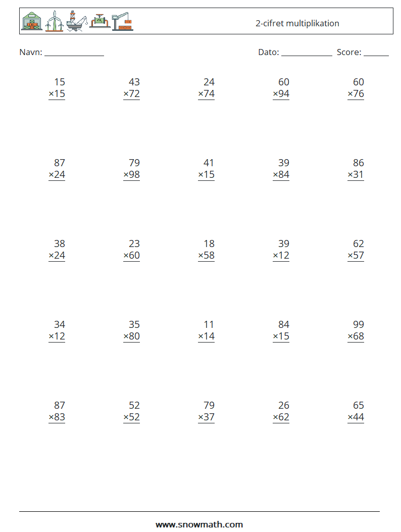(25) 2-cifret multiplikation Matematiske regneark 3