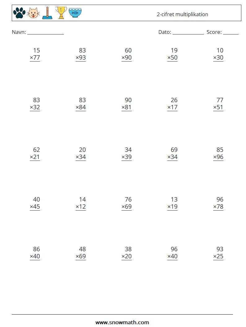 (25) 2-cifret multiplikation Matematiske regneark 4
