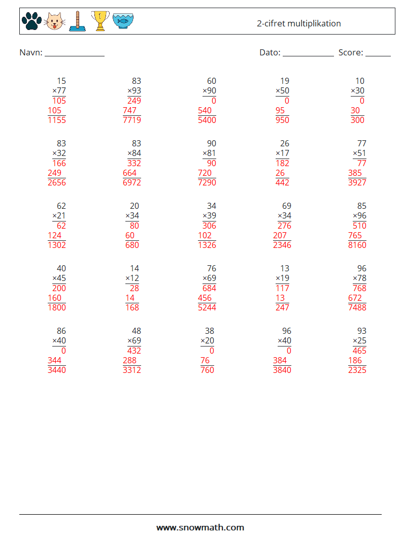 (25) 2-cifret multiplikation Matematiske regneark 4 Spørgsmål, svar