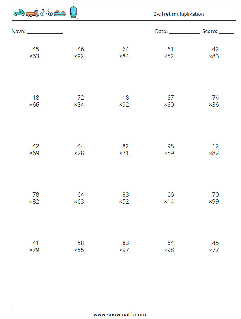(25) 2-cifret multiplikation Matematiske regneark 6