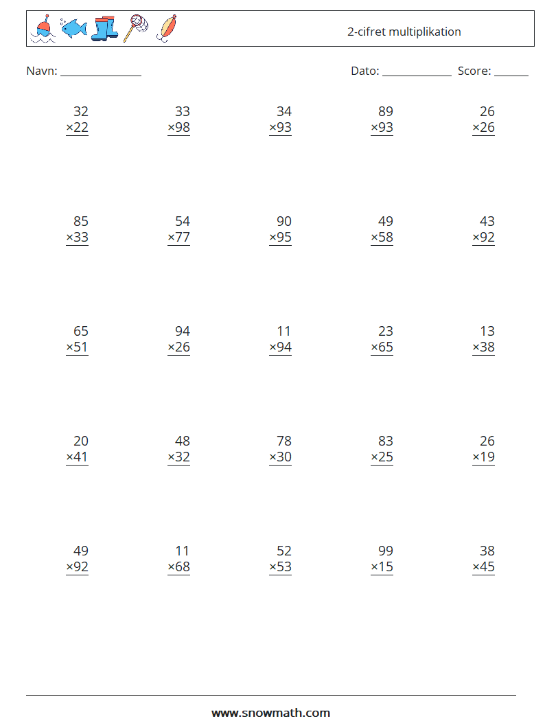 (25) 2-cifret multiplikation Matematiske regneark 9