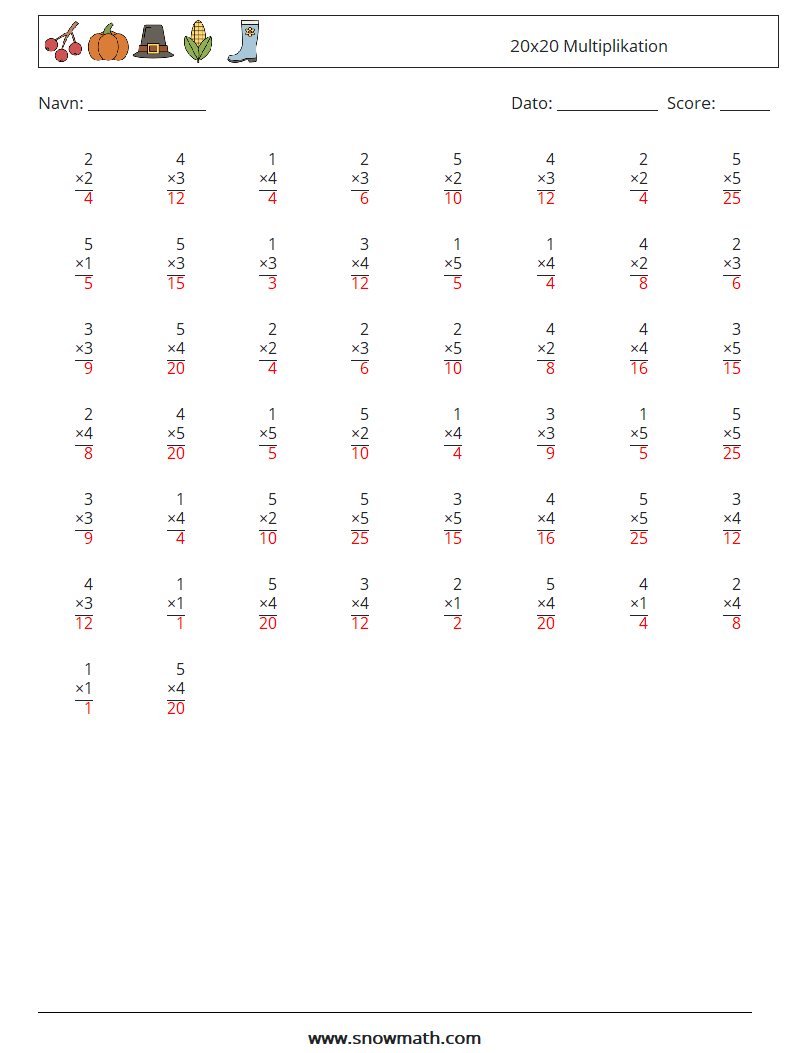 (50) 20x20 Multiplikation Matematiske regneark 10 Spørgsmål, svar