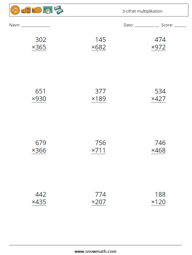 (12) 3-cifret multiplikation Matematiske regneark 3