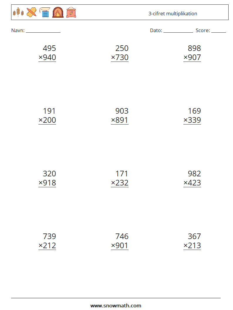 (12) 3-cifret multiplikation Matematiske regneark 5