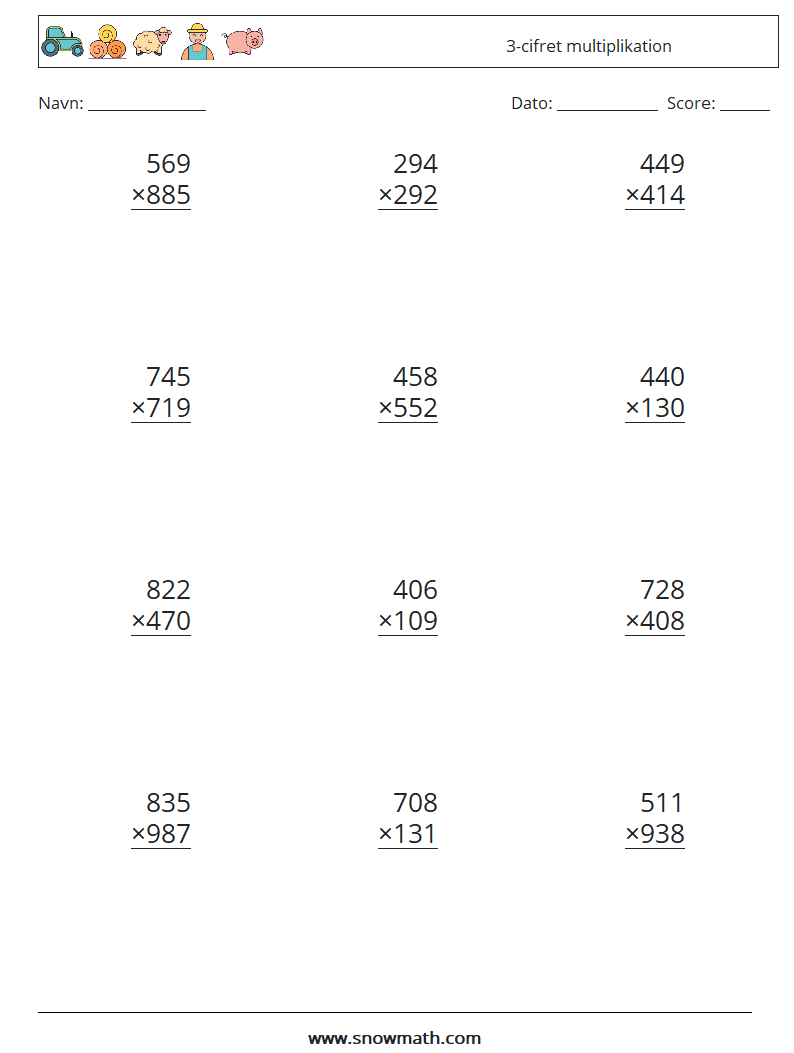 (12) 3-cifret multiplikation Matematiske regneark 7