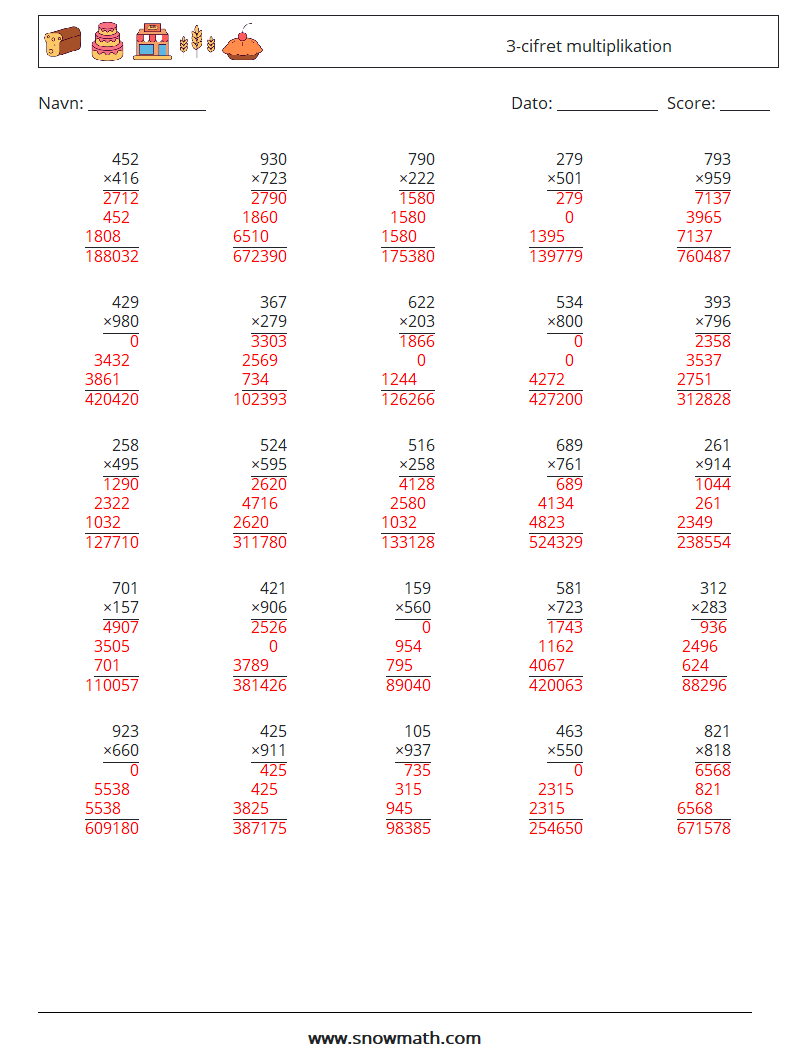 (25) 3-cifret multiplikation Matematiske regneark 10 Spørgsmål, svar