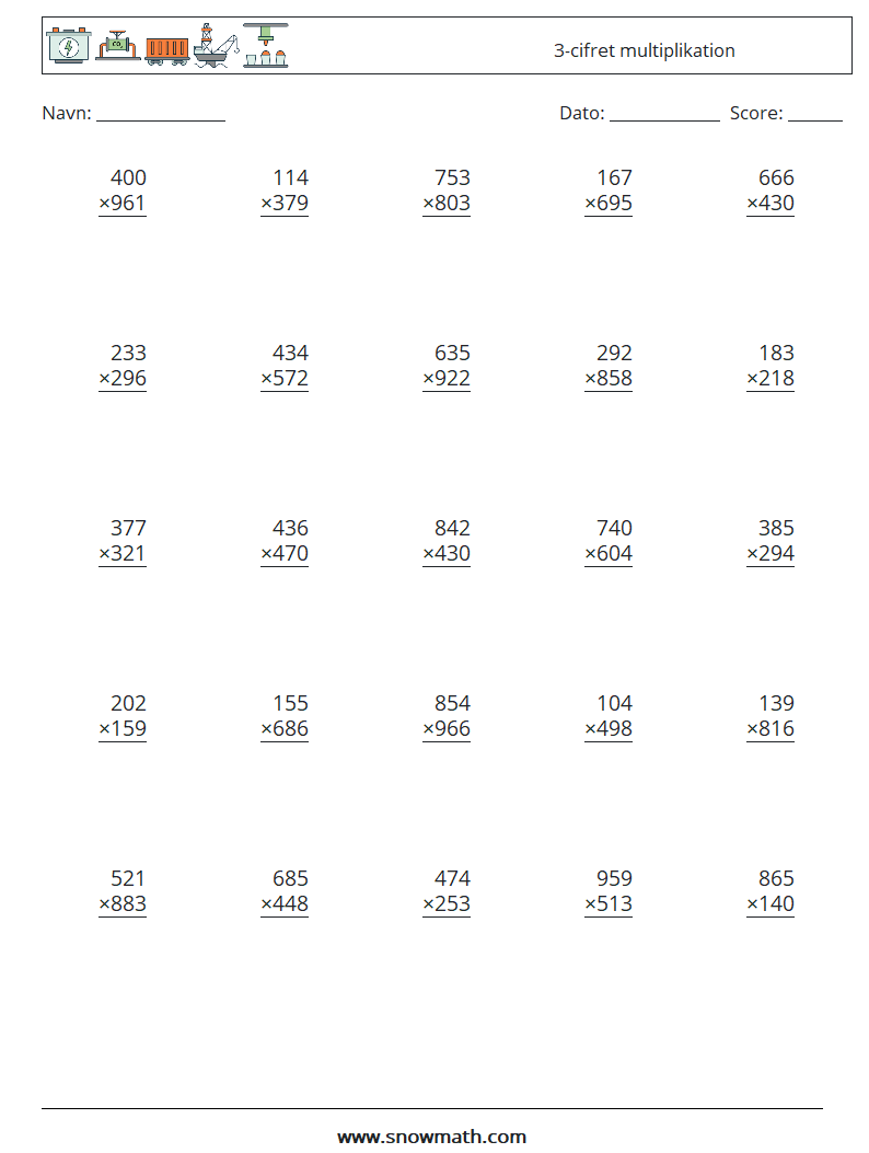(25) 3-cifret multiplikation Matematiske regneark 11