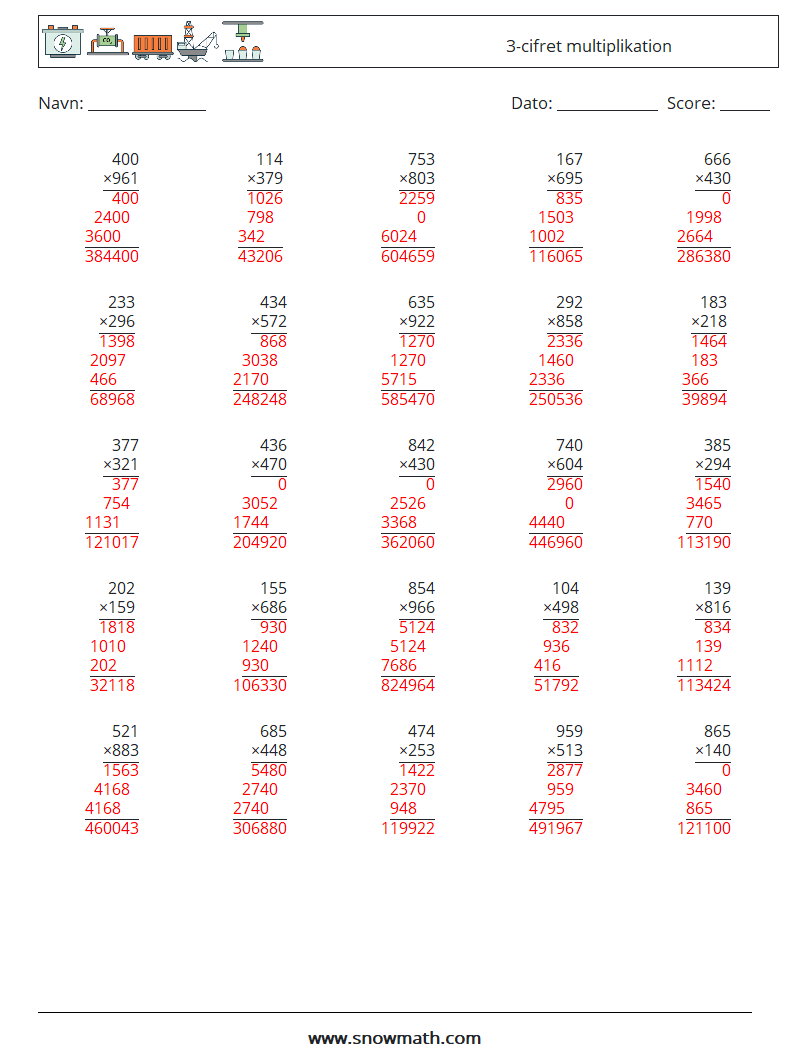 (25) 3-cifret multiplikation Matematiske regneark 11 Spørgsmål, svar