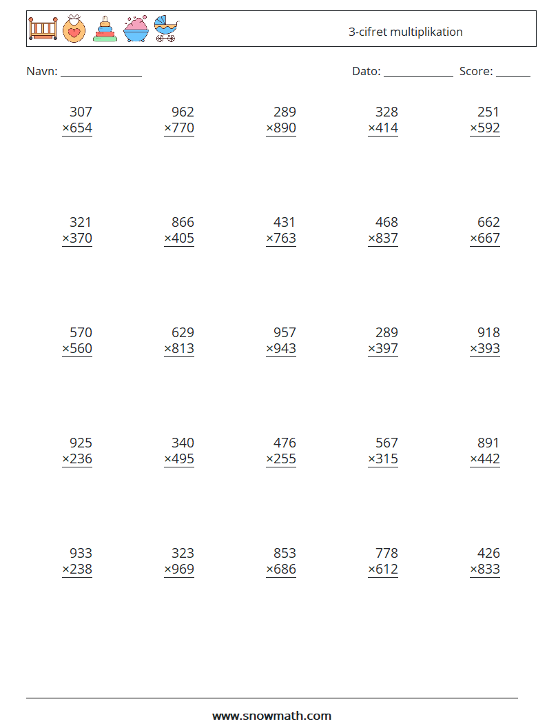 (25) 3-cifret multiplikation Matematiske regneark 12