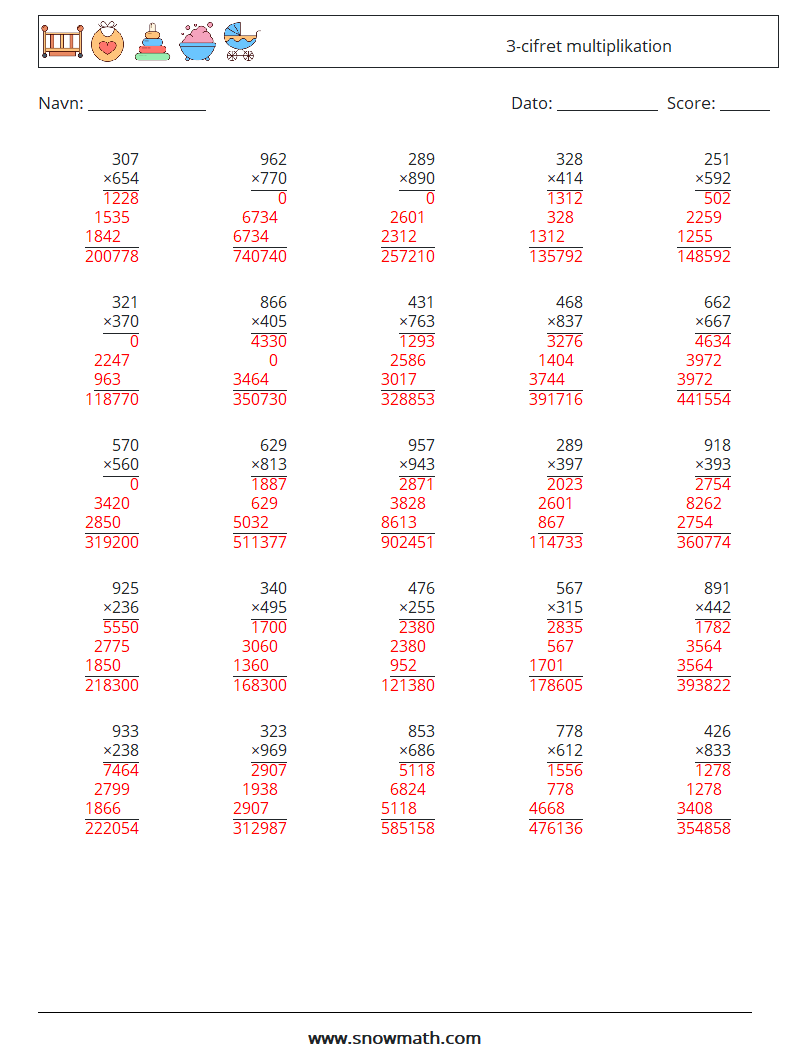 (25) 3-cifret multiplikation Matematiske regneark 12 Spørgsmål, svar