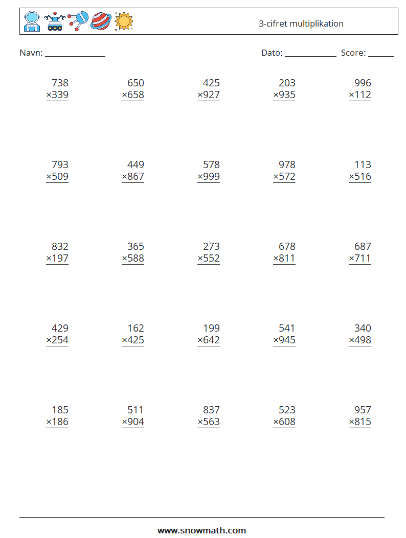 (25) 3-cifret multiplikation Matematiske regneark 13