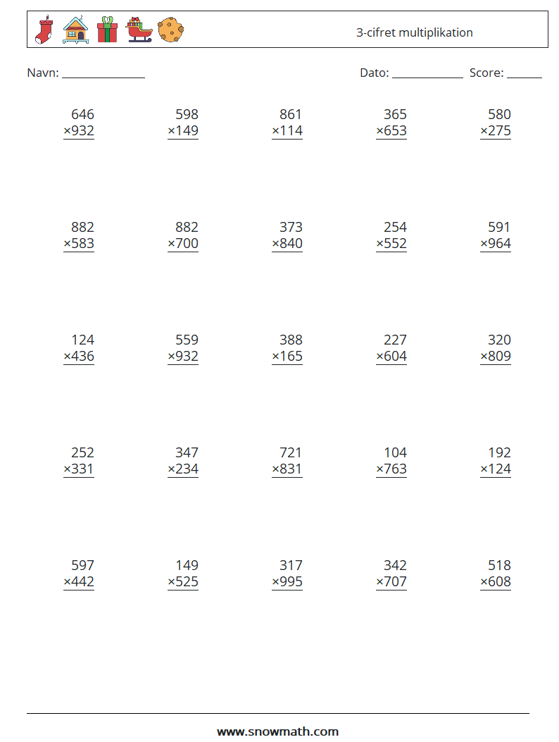 (25) 3-cifret multiplikation Matematiske regneark 14