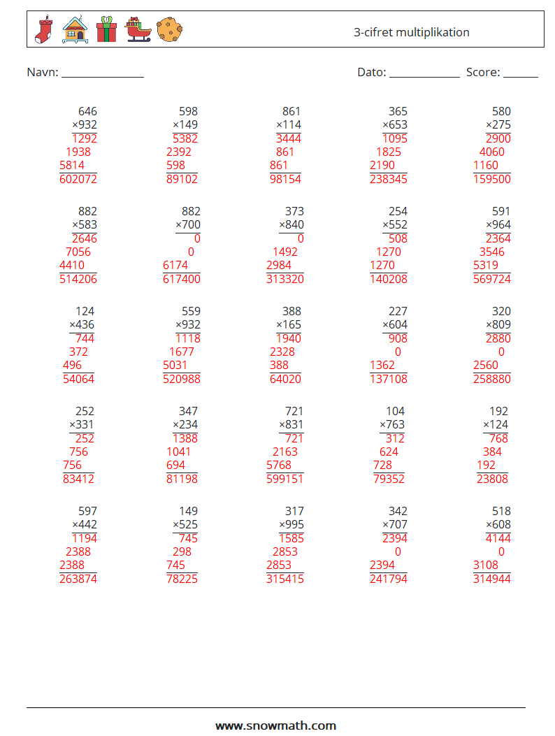 (25) 3-cifret multiplikation Matematiske regneark 14 Spørgsmål, svar